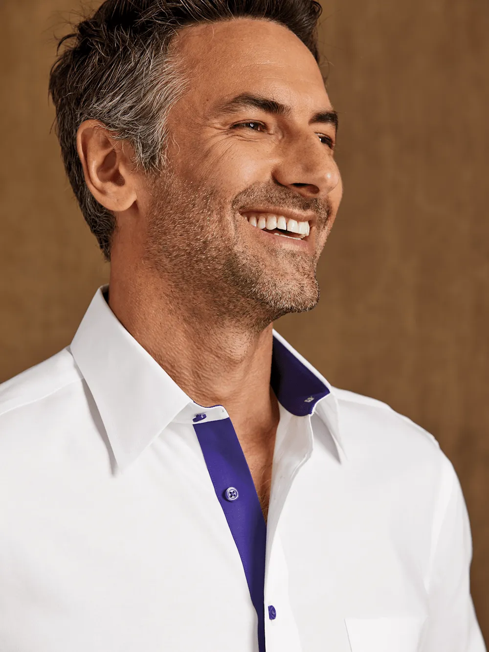 Comfort Stretch Non-Iron Solid Dress Shirt With Contrast Trim - White/purple