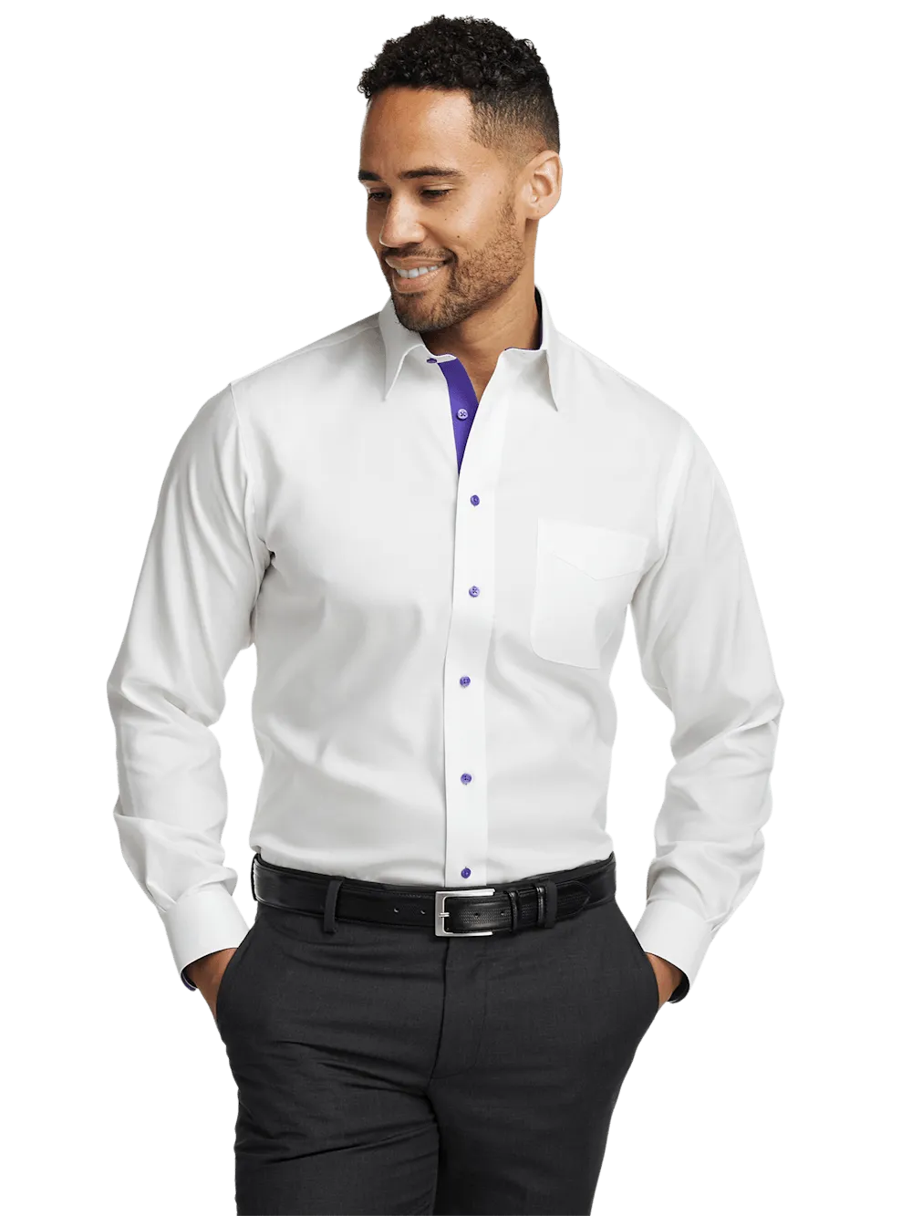 Comfort Stretch Non-Iron Solid Dress Shirt With Contrast Trim - White/purple