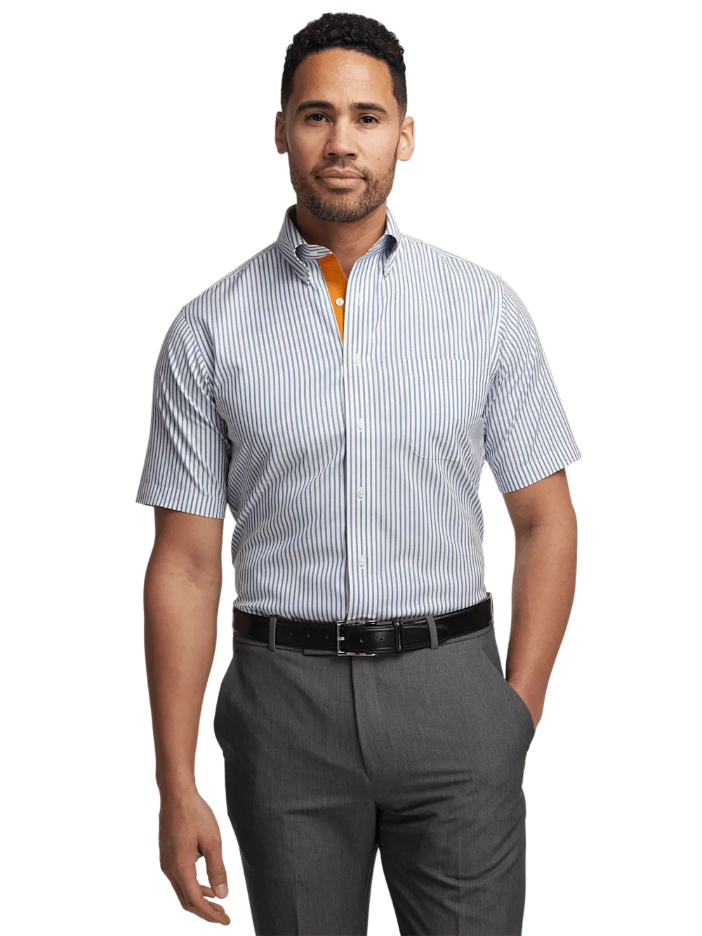 Comfort Stretch Non-Iron Stripe Dress Shirt With Contrast Trim - Blue