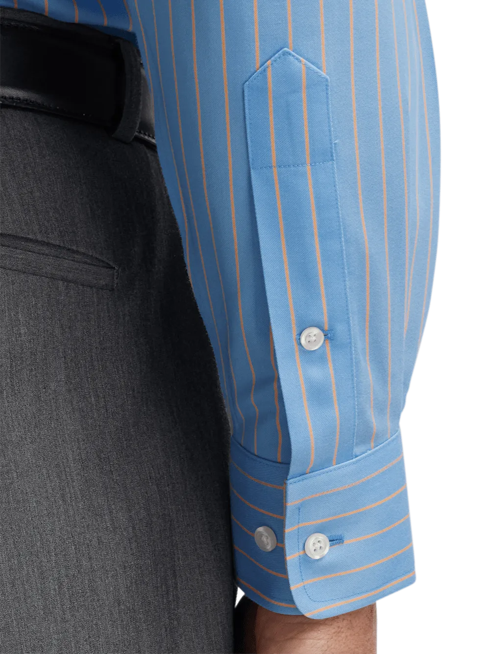 Comfort Stretch Non-Iron Stripe Dress Shirt With Contrast Trim - Blue/melon