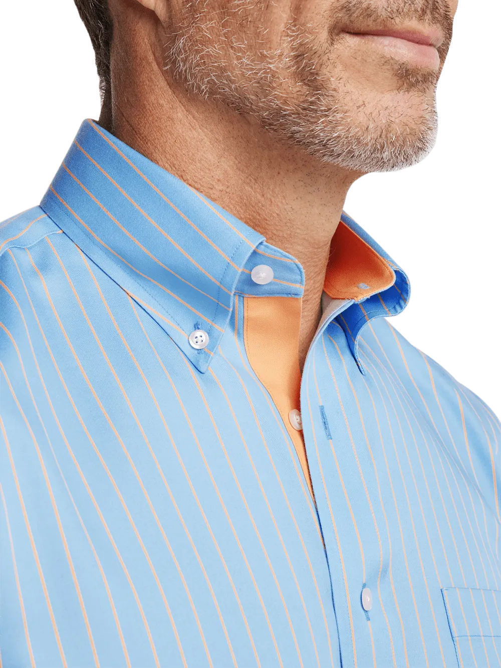 Comfort Stretch Non-Iron Stripe Dress Shirt With Contrast Trim - Blue/melon