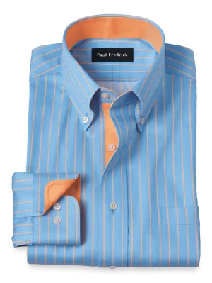 Comfort Stretch Non-Iron Stripe Dress Shirt With Contrast Trim - Blue/melon