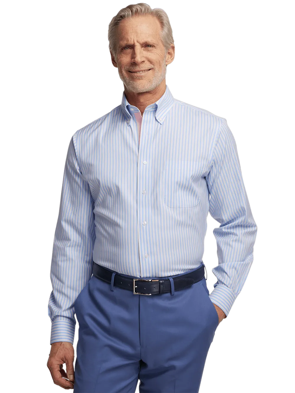 Comfort Stretch Non-Iron Stripe Dress Shirt With Contrast Trim - Blue/pink