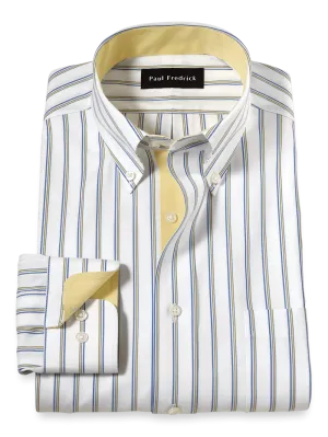 Comfort Stretch Non-Iron Stripe Dress Shirt With Contrast Trim - Blue/yellow