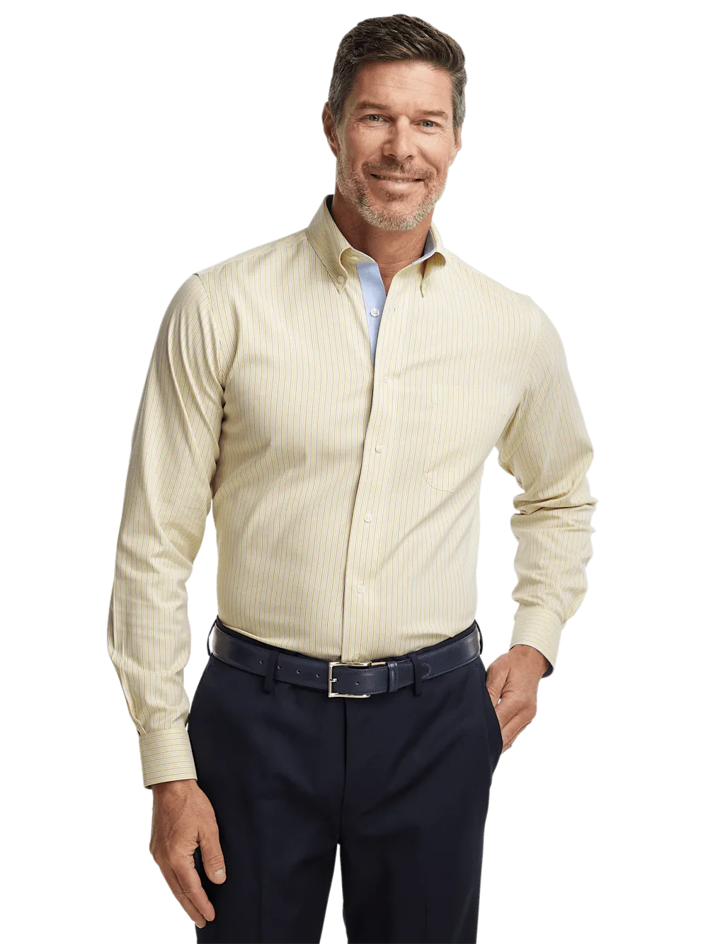 Comfort Stretch Non-Iron Stripe Dress Shirt With Contrast Trim - Blue/yellow