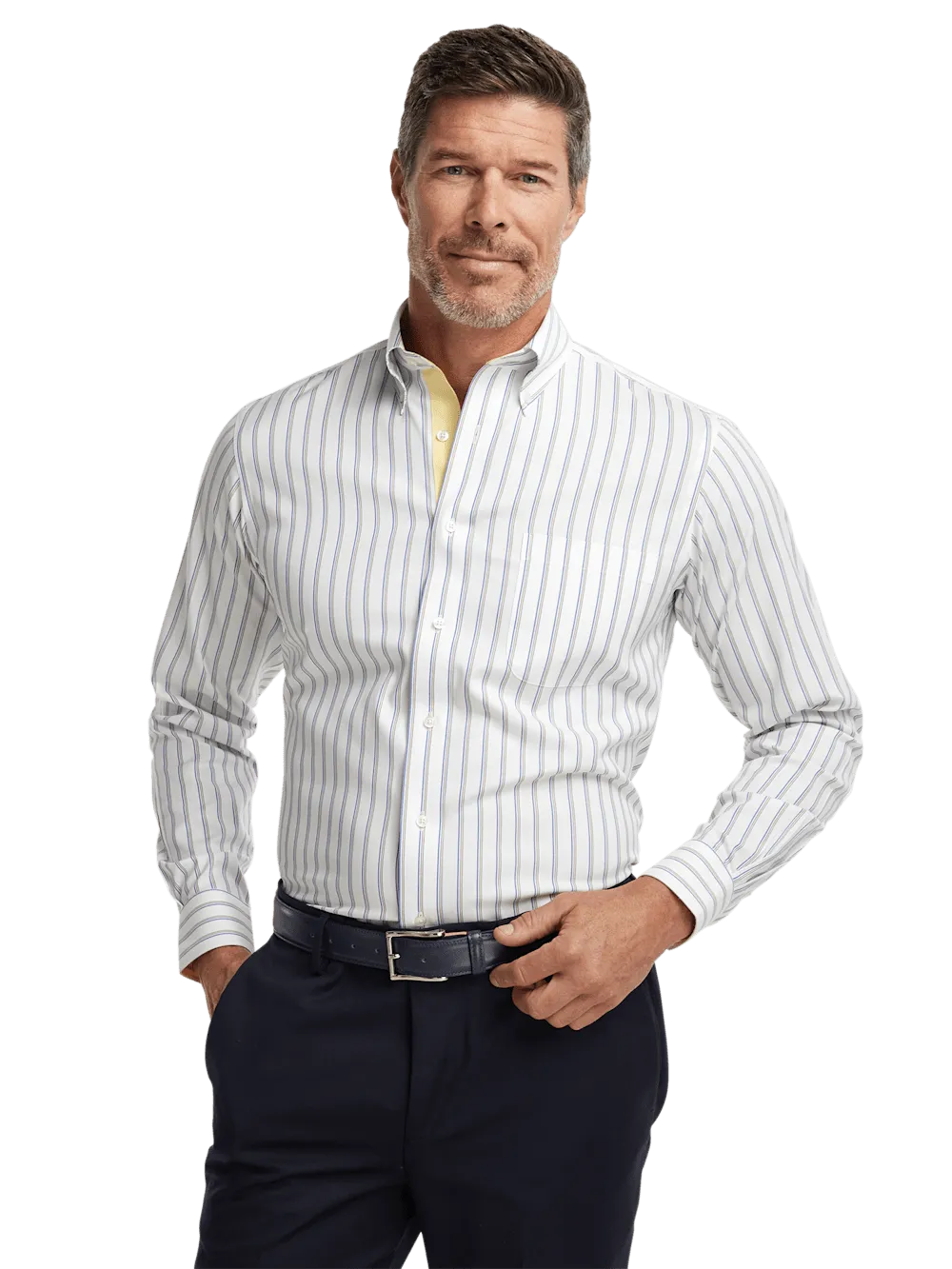 Comfort Stretch Non-Iron Stripe Dress Shirt With Contrast Trim - Blue/yellow