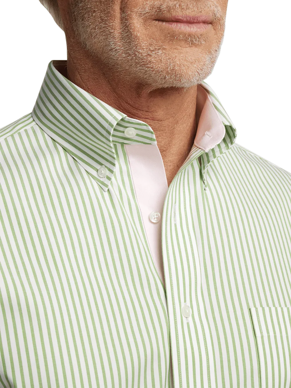 Comfort Stretch Non-Iron Stripe Dress Shirt With Contrast Trim - Green