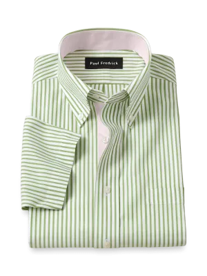 Comfort Stretch Non-Iron Stripe Dress Shirt With Contrast Trim - Green