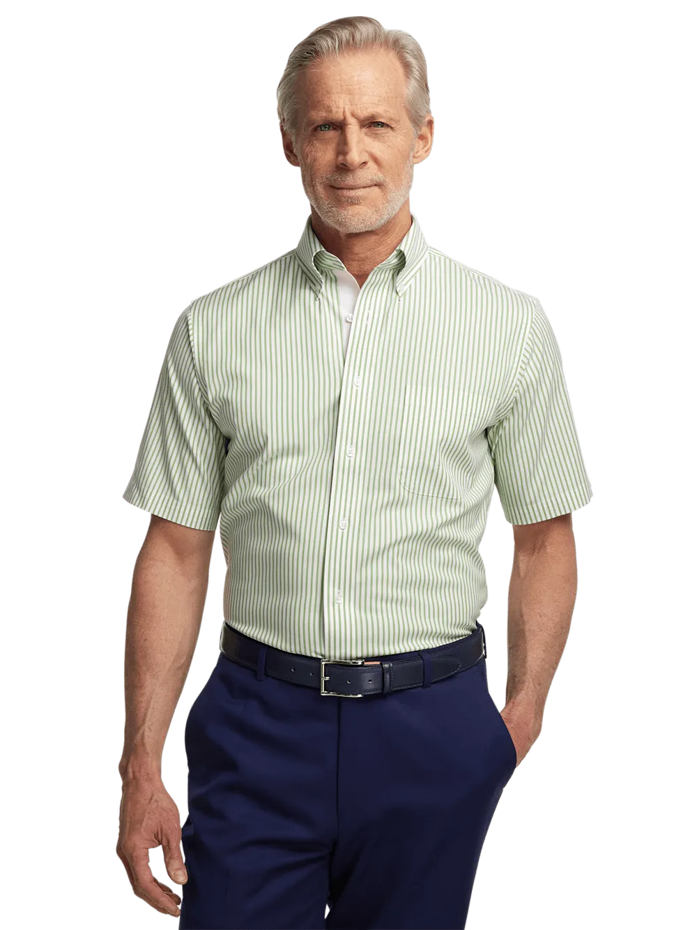 Comfort Stretch Non-Iron Stripe Dress Shirt With Contrast Trim - Green