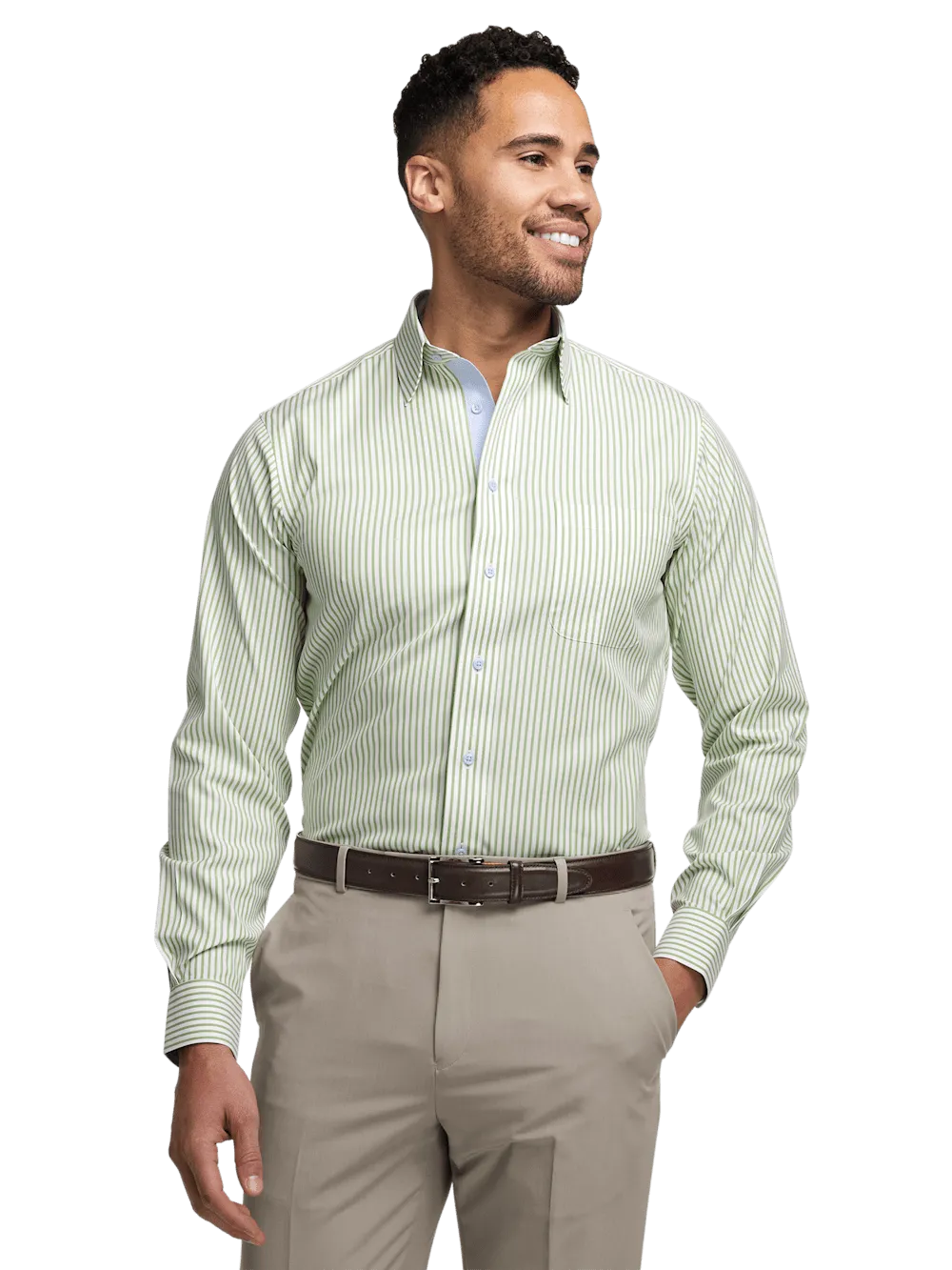 Comfort Stretch Non-Iron Stripe Dress Shirt With Contrast Trim - Green