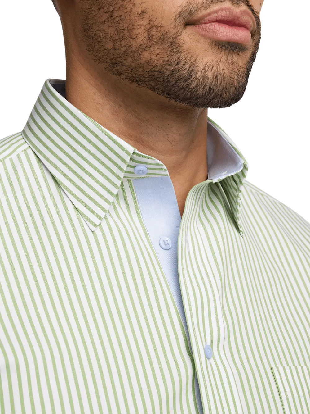 Comfort Stretch Non-Iron Stripe Dress Shirt With Contrast Trim - Green