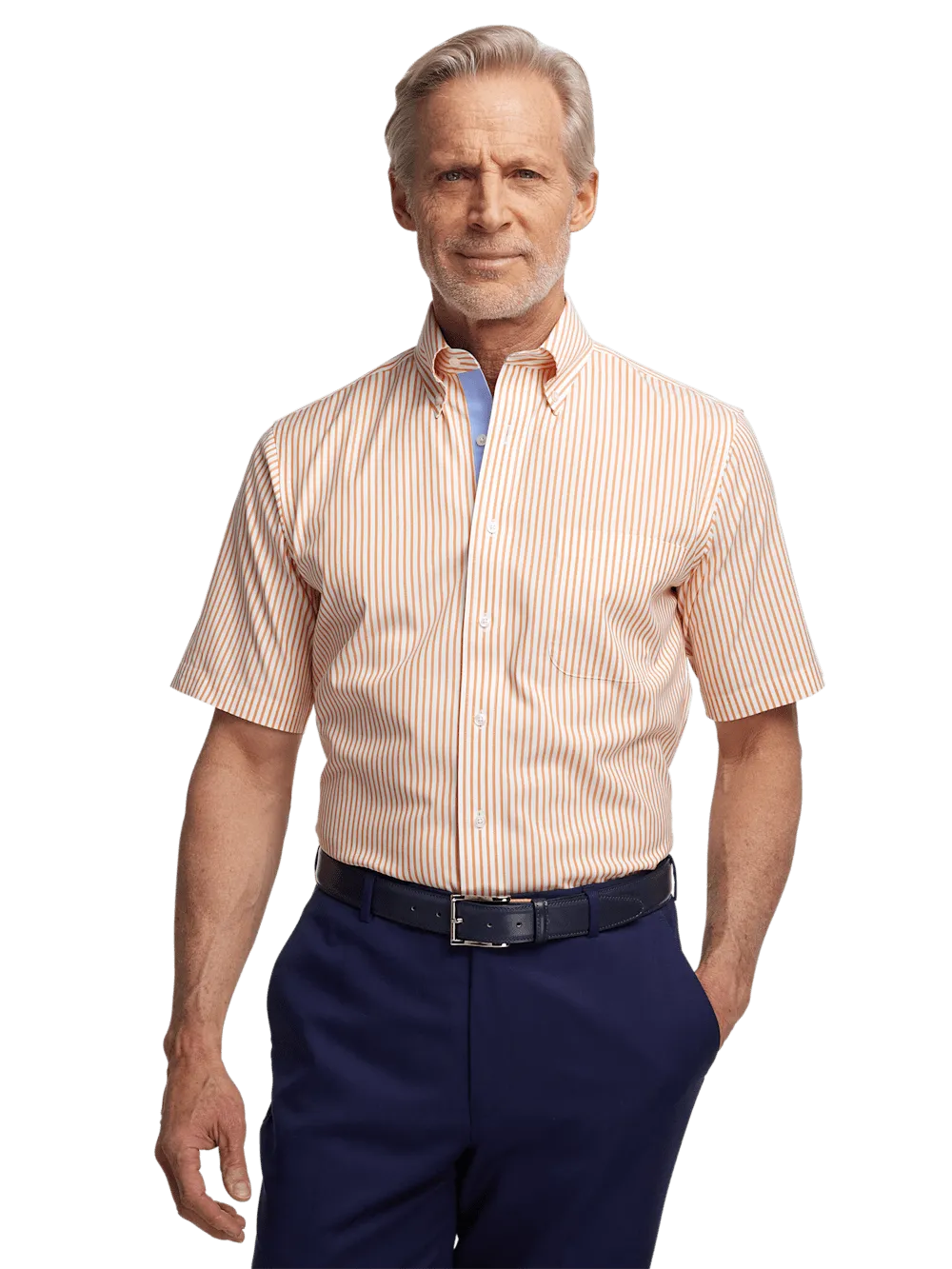 Comfort Stretch Non-Iron Stripe Dress Shirt With Contrast Trim - Melon