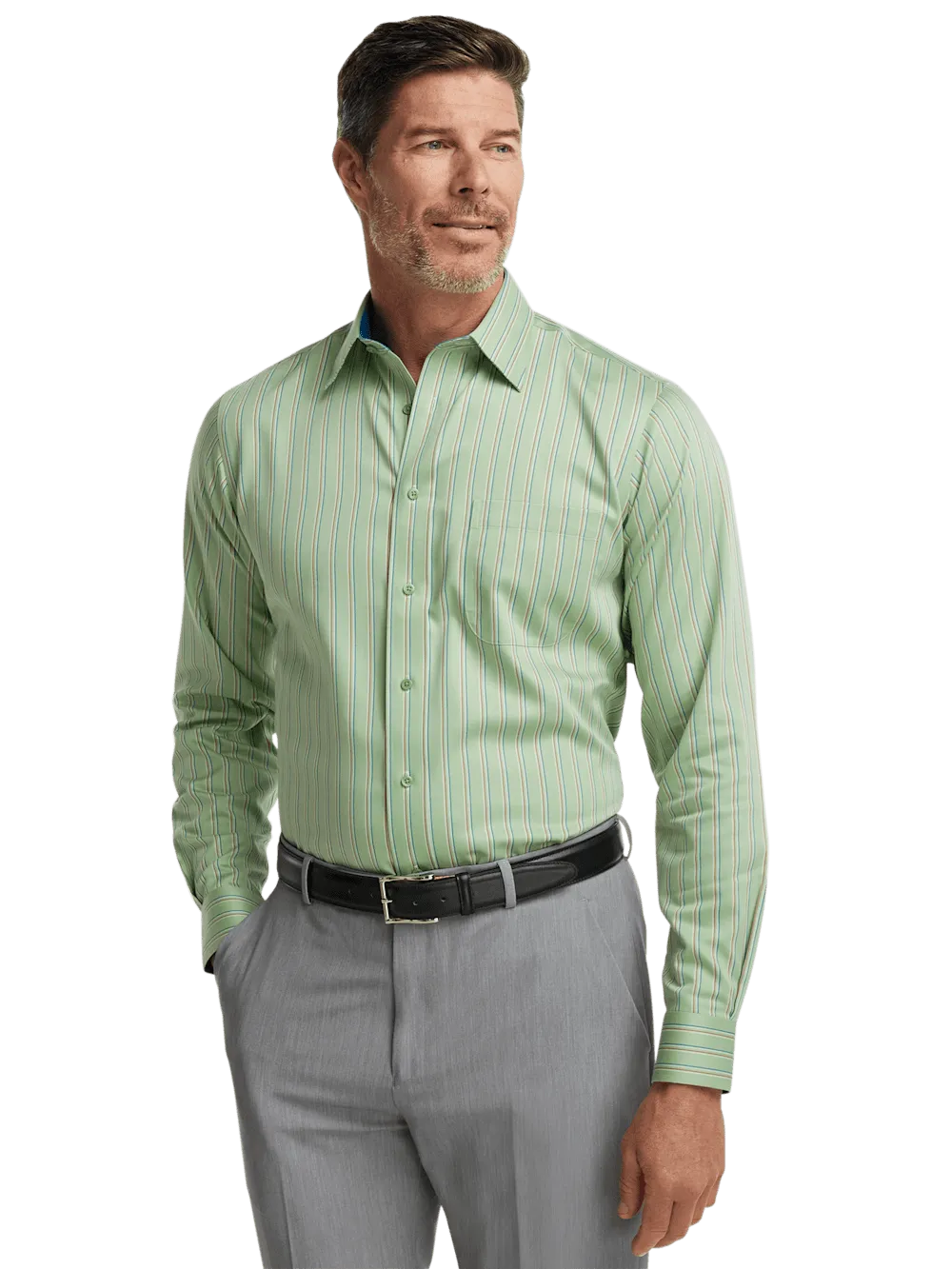 Comfort Stretch Non-Iron Stripe Dress Shirt With Contrast Trim - Mint Green