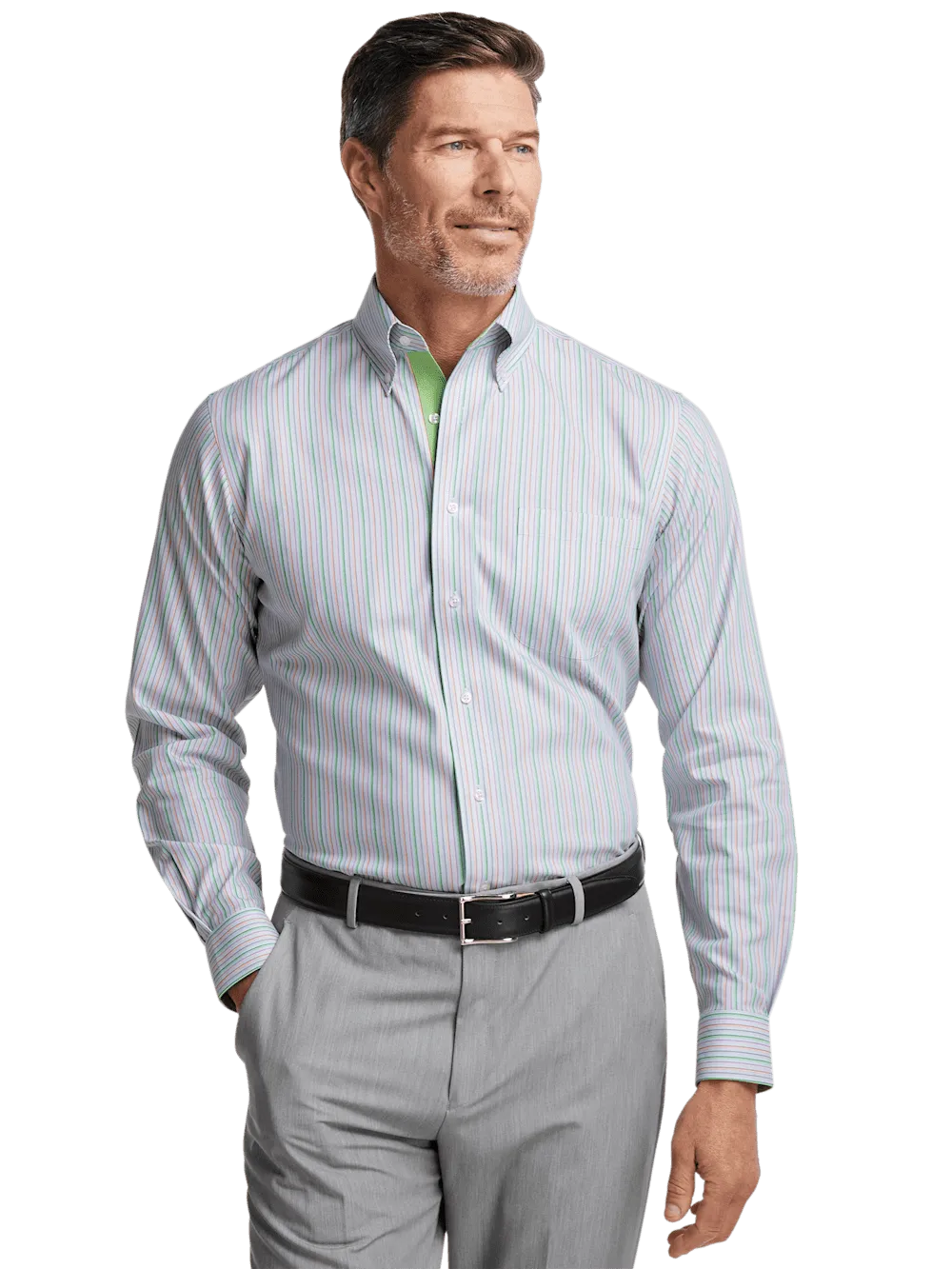 Comfort Stretch Non-Iron Stripe Dress Shirt With Contrast Trim - Multi