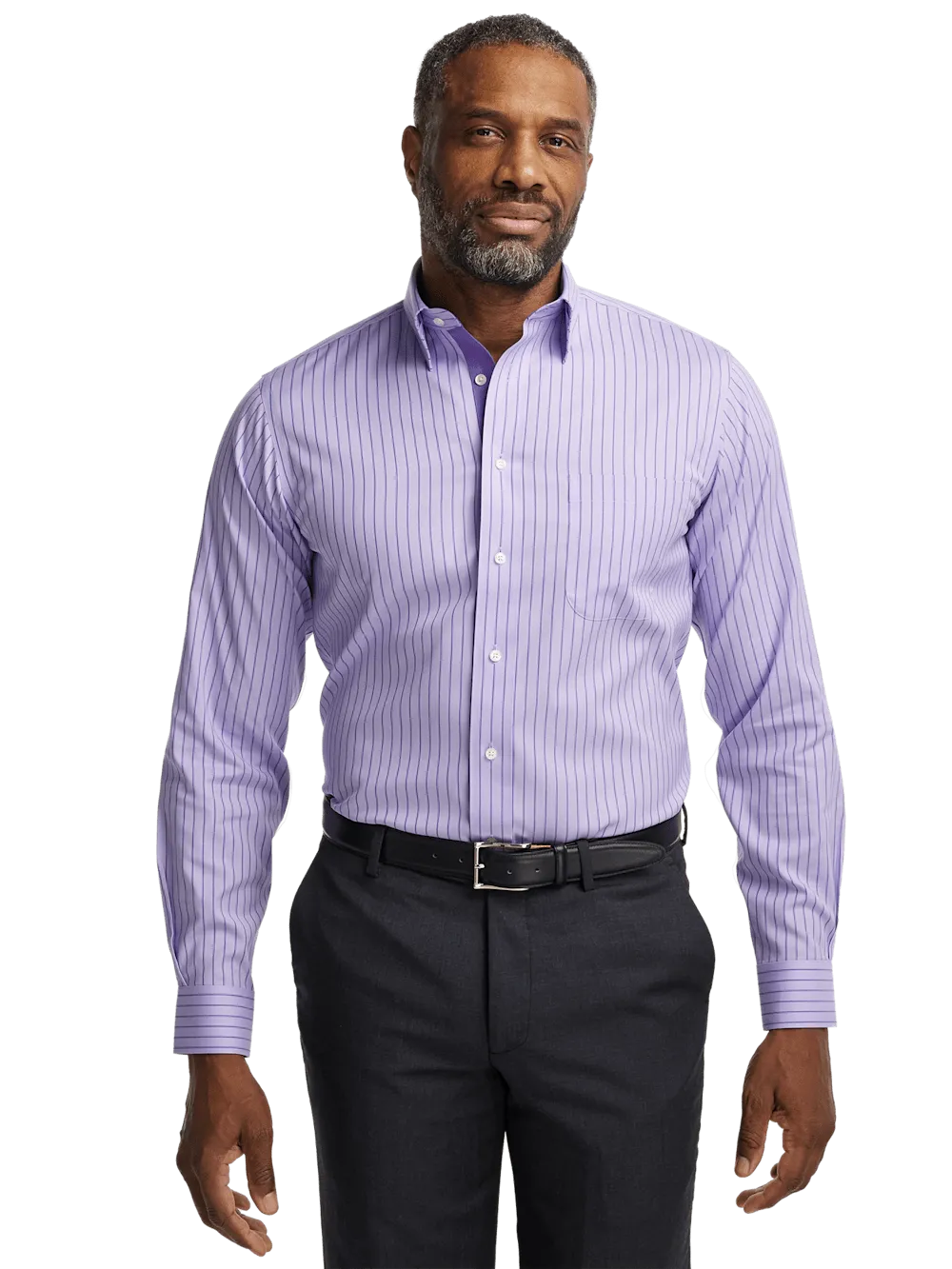 Comfort Stretch Non-Iron Stripe Dress Shirt With Contrast Trim - Purple