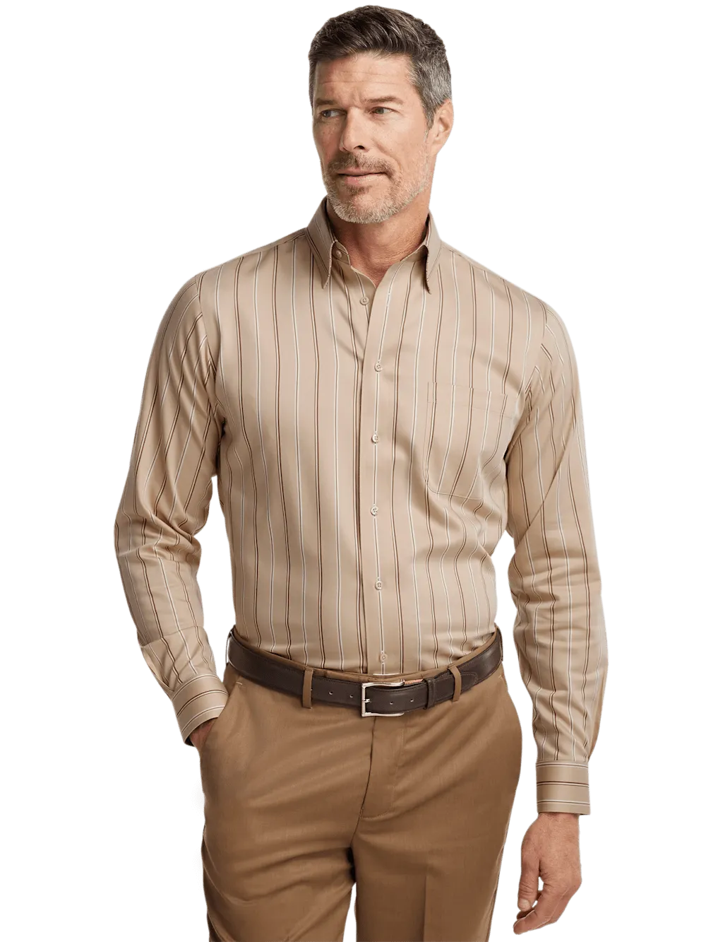 Comfort Stretch Non-Iron Stripe Dress Shirt With Contrast Trim - Tan