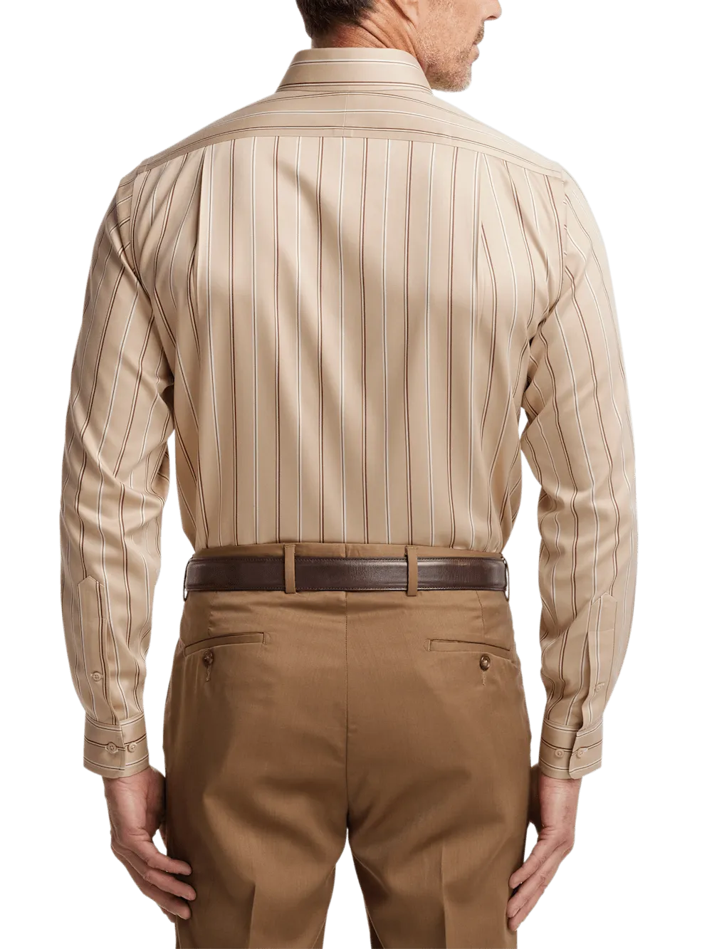 Comfort Stretch Non-Iron Stripe Dress Shirt With Contrast Trim - Tan