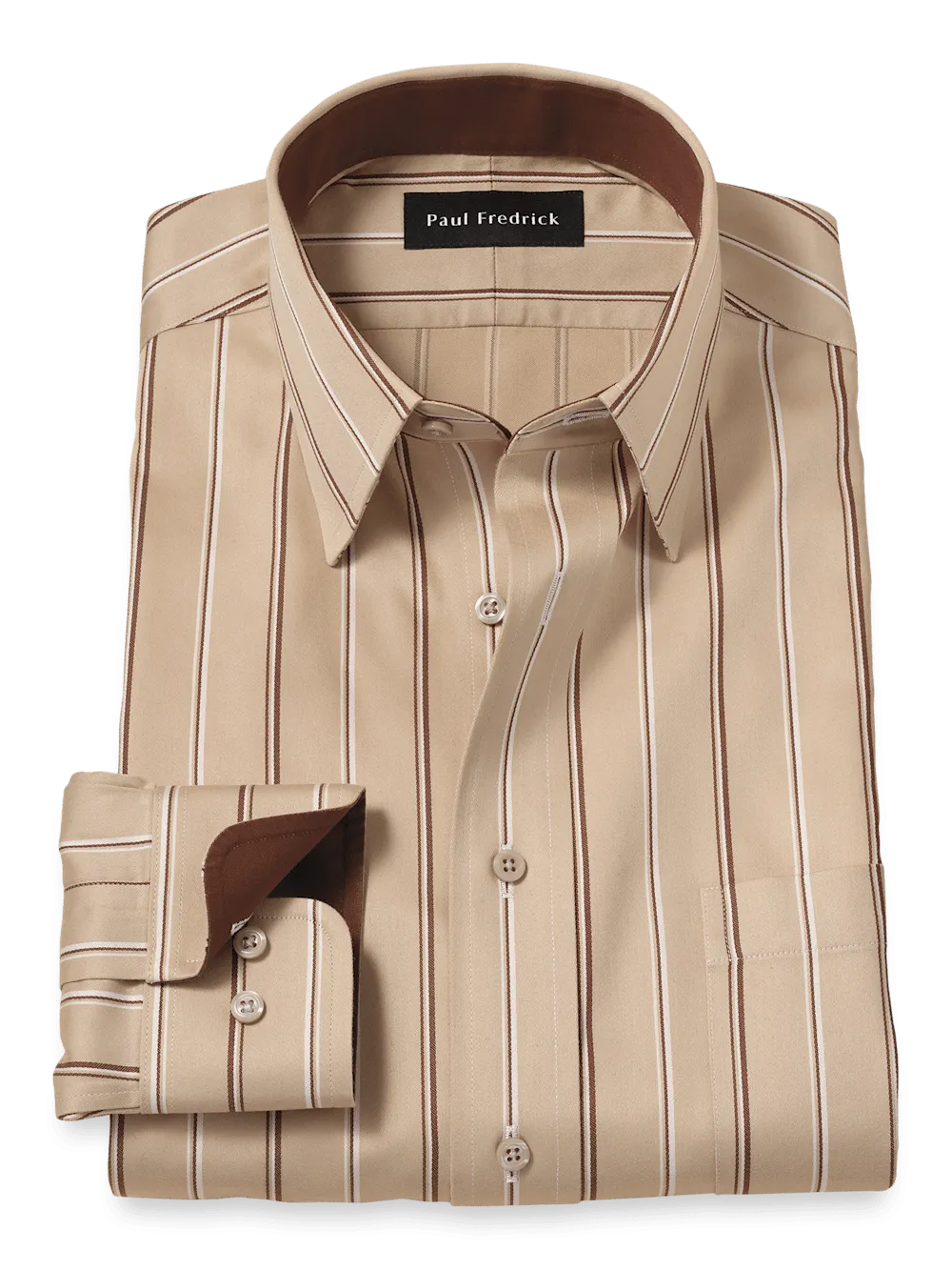 Comfort Stretch Non-Iron Stripe Dress Shirt With Contrast Trim - Tan