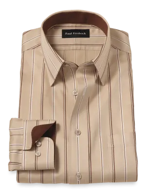 Comfort Stretch Non-Iron Stripe Dress Shirt With Contrast Trim - Tan