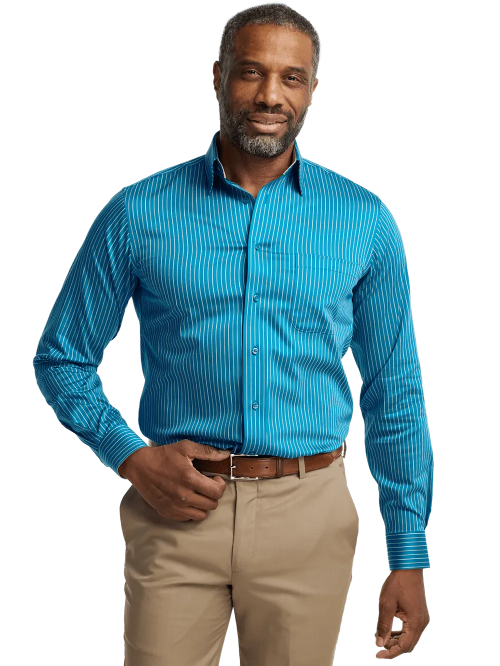 Comfort Stretch Non-Iron Stripe Dress Shirt With Contrast Trim - Teal