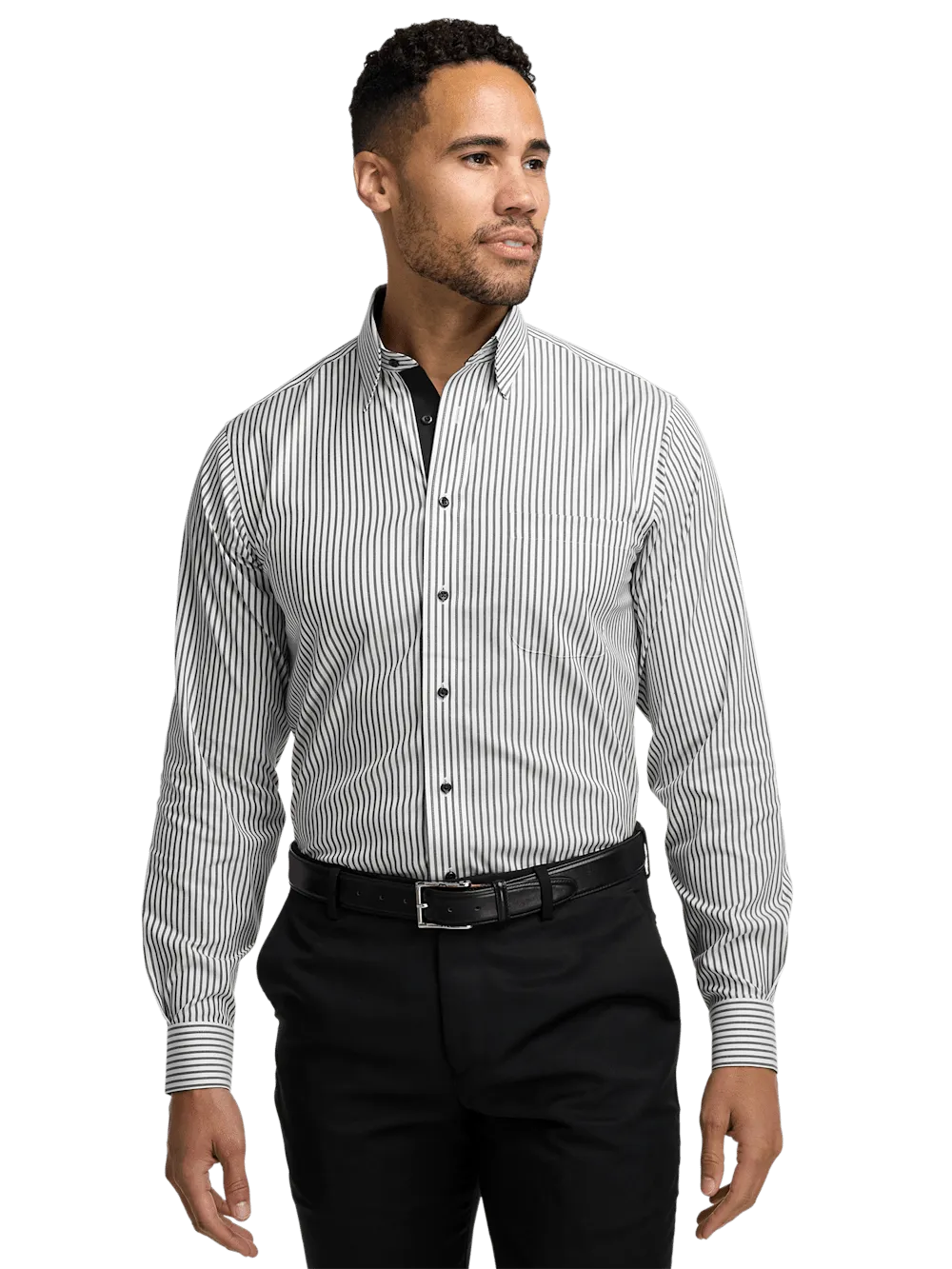 Comfort Stretch Non-Iron Stripe Dress Shirt With Contrast Trim - White/black
