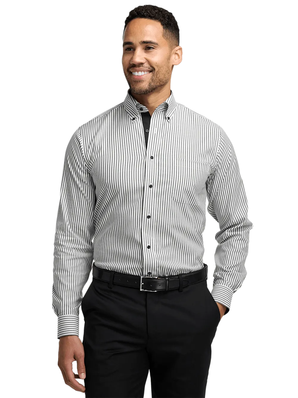 Comfort Stretch Non-Iron Stripe Dress Shirt With Contrast Trim - White/black