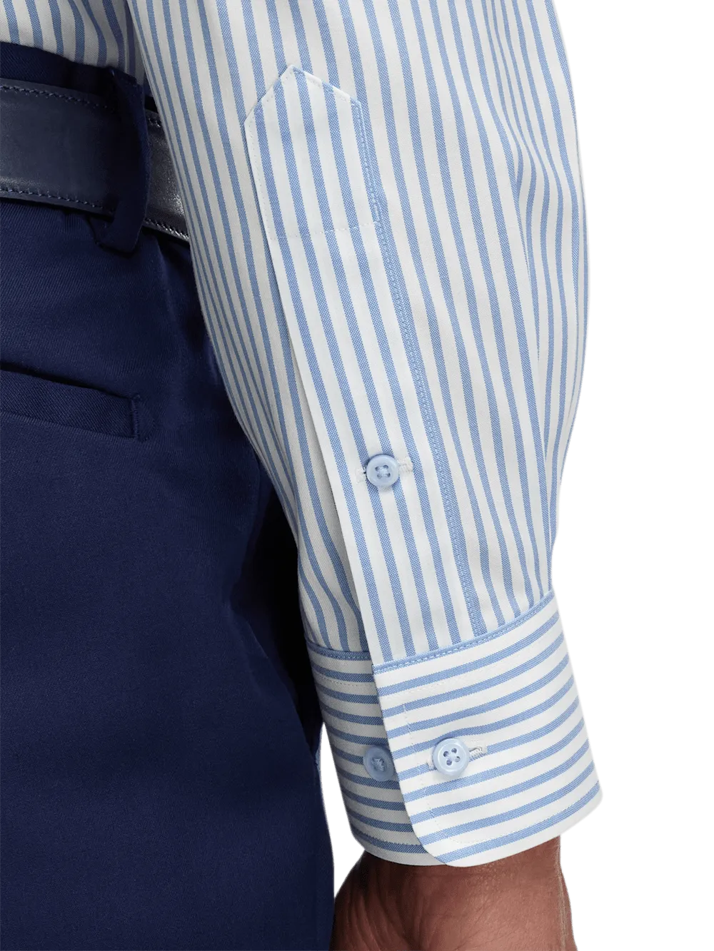 Comfort Stretch Non-Iron Stripe Dress Shirt With Contrast Trim - White/blue