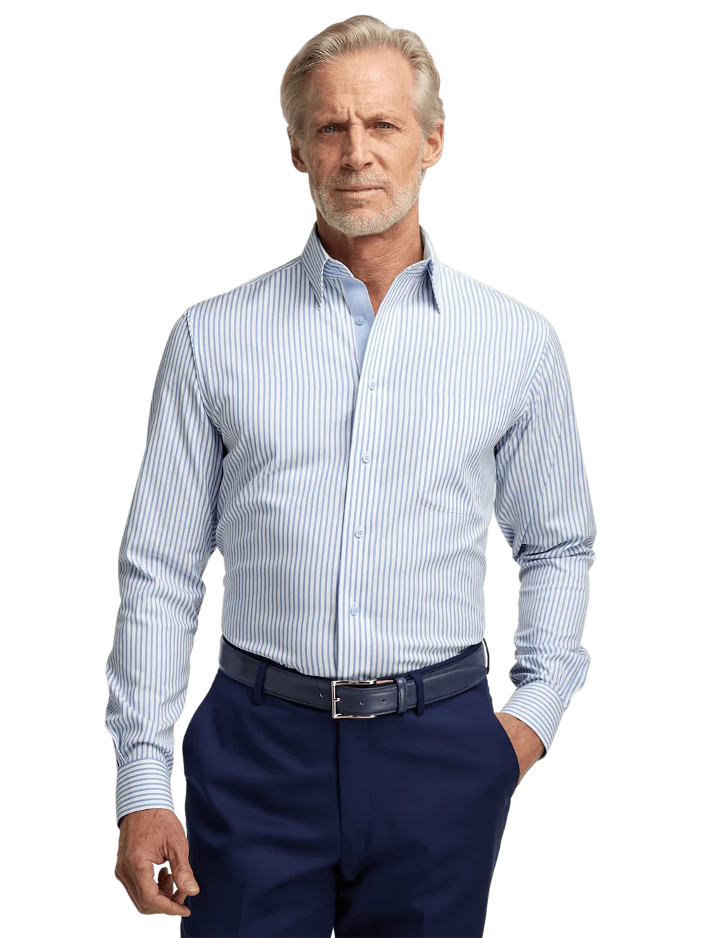 Comfort Stretch Non-Iron Stripe Dress Shirt With Contrast Trim - White/blue