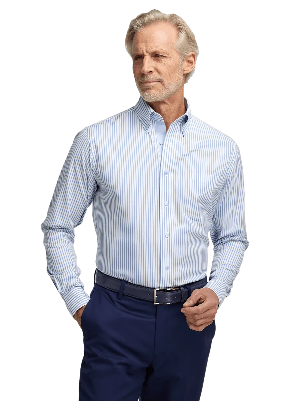 Comfort Stretch Non-Iron Stripe Dress Shirt With Contrast Trim - White/blue