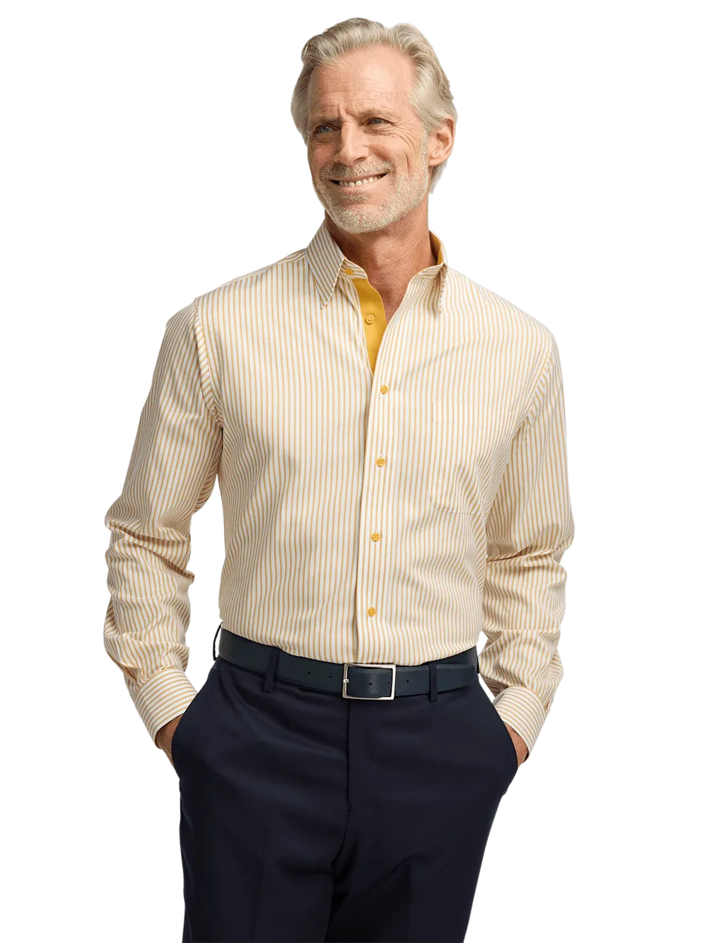 Comfort Stretch Non-Iron Stripe Dress Shirt With Contrast Trim - White/gold