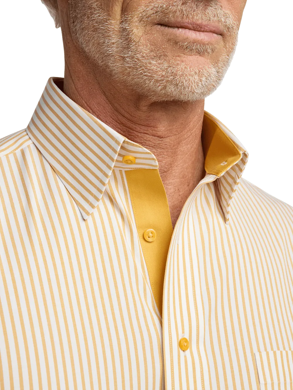 Comfort Stretch Non-Iron Stripe Dress Shirt With Contrast Trim - White/gold