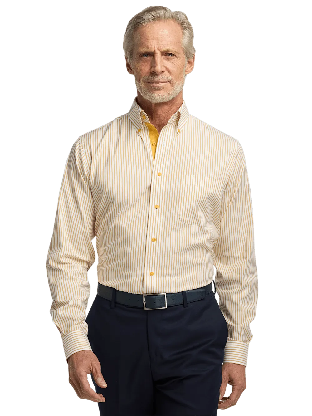 Comfort Stretch Non-Iron Stripe Dress Shirt With Contrast Trim - White/gold
