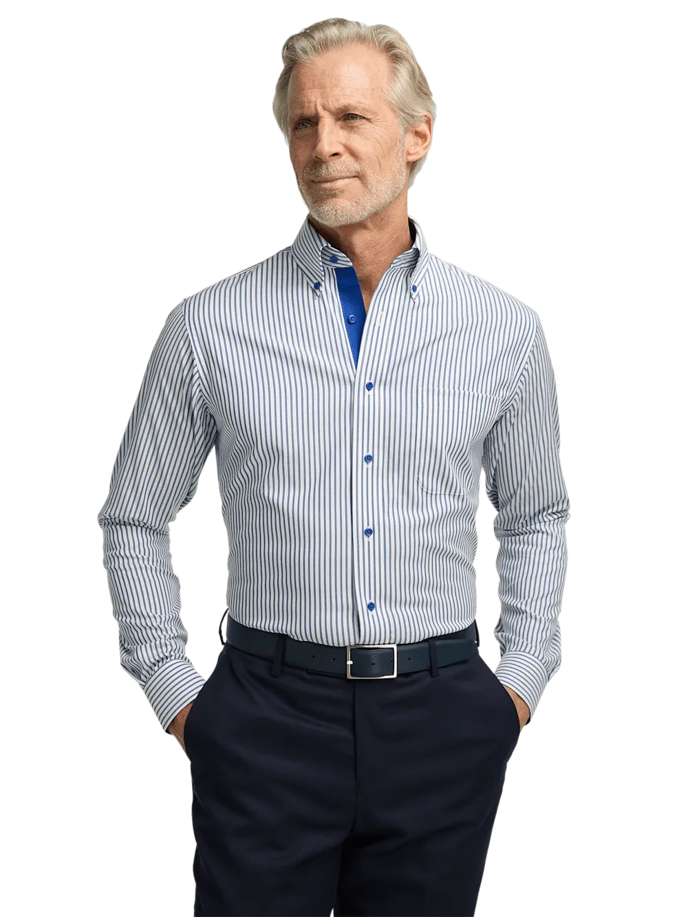 Comfort Stretch Non-Iron Stripe Dress Shirt With Contrast Trim - White/navy