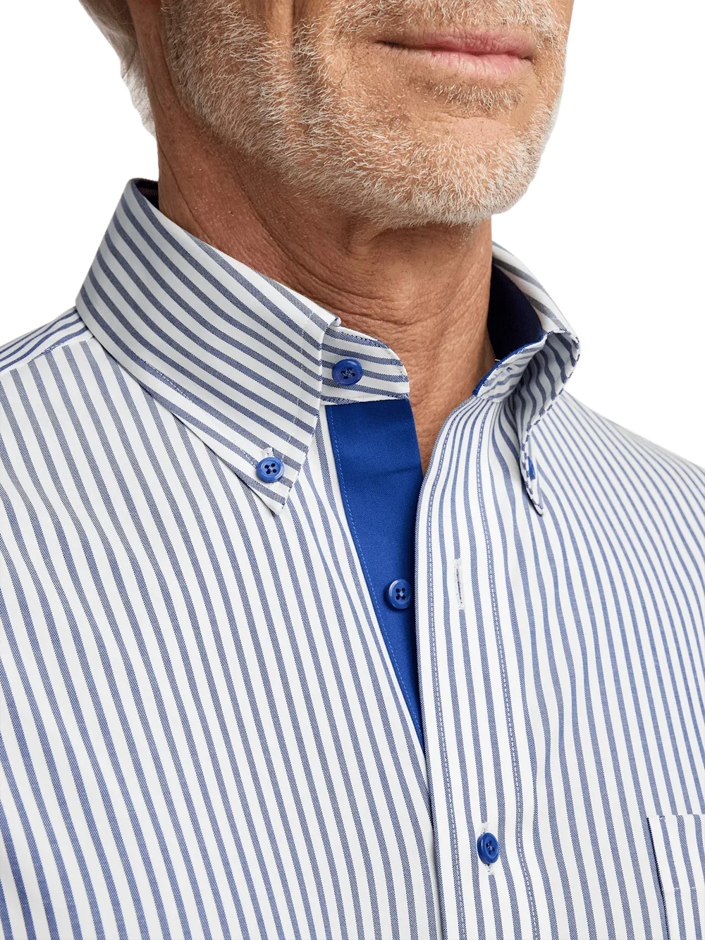 Comfort Stretch Non-Iron Stripe Dress Shirt With Contrast Trim - White/navy