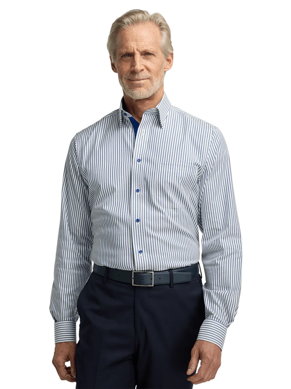 Comfort Stretch Non-Iron Stripe Dress Shirt With Contrast Trim - White/navy