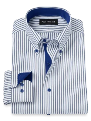 Comfort Stretch Non-Iron Stripe Dress Shirt With Contrast Trim - White/navy