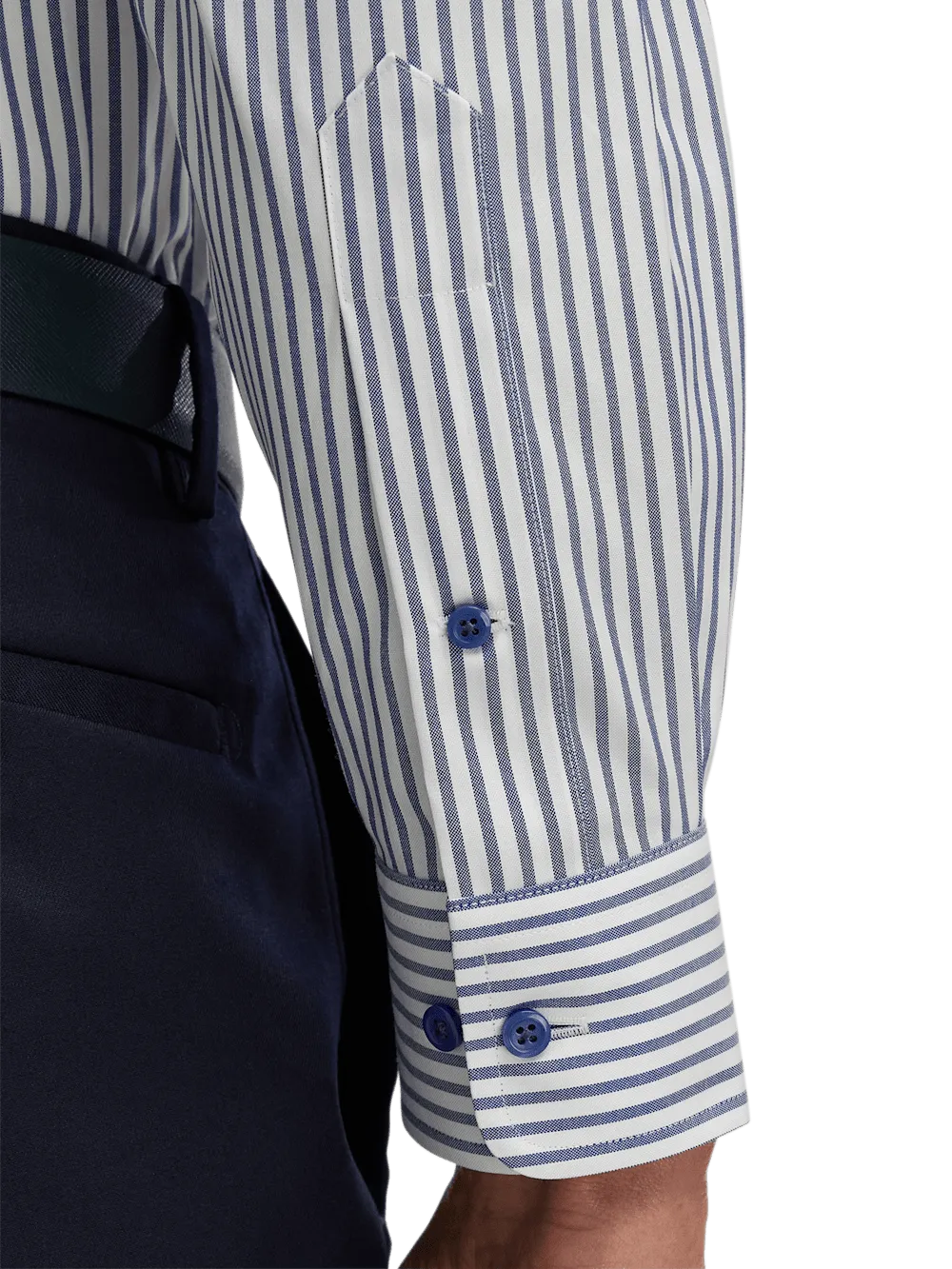 Comfort Stretch Non-Iron Stripe Dress Shirt With Contrast Trim - White/navy