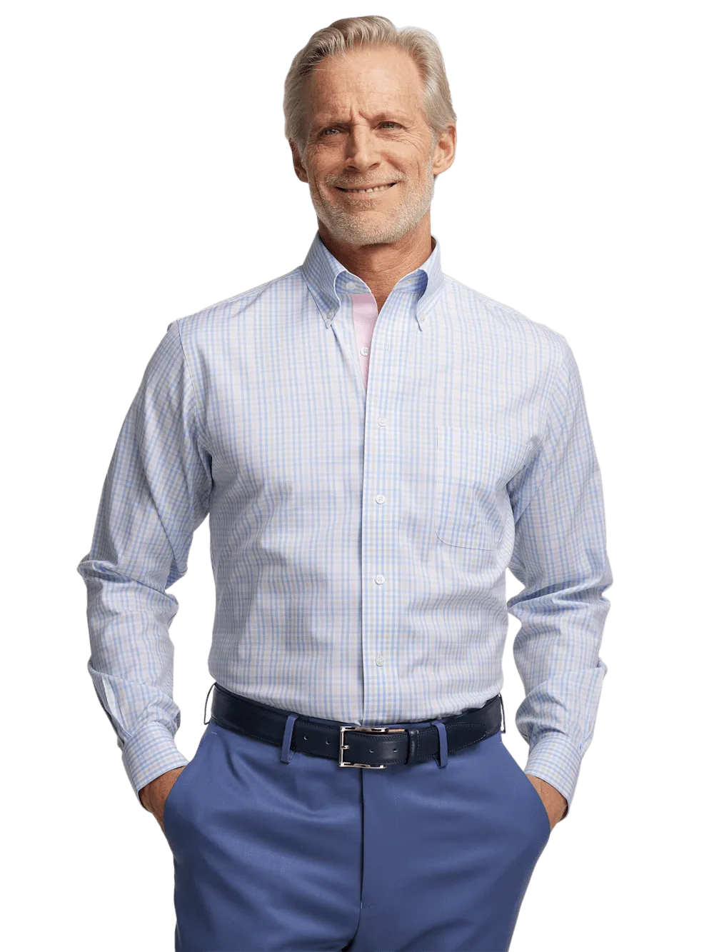 Comfort Stretch Non-Iron Tattersall Dress Shirt With Contrast Trim - Blue/pink