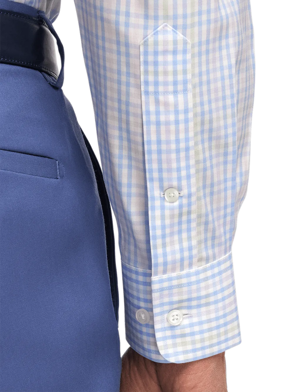 Comfort Stretch Non-Iron Tattersall Dress Shirt With Contrast Trim - Blue/pink