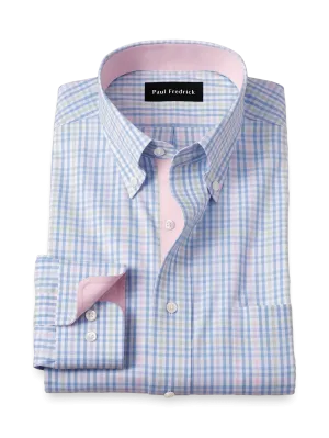 Comfort Stretch Non-Iron Tattersall Dress Shirt With Contrast Trim - Blue/pink