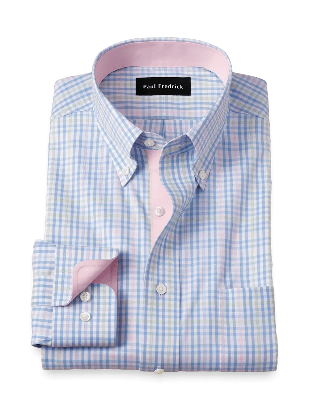 Comfort Stretch Non-Iron Tattersall Dress Shirt With Contrast Trim - Blue/pink