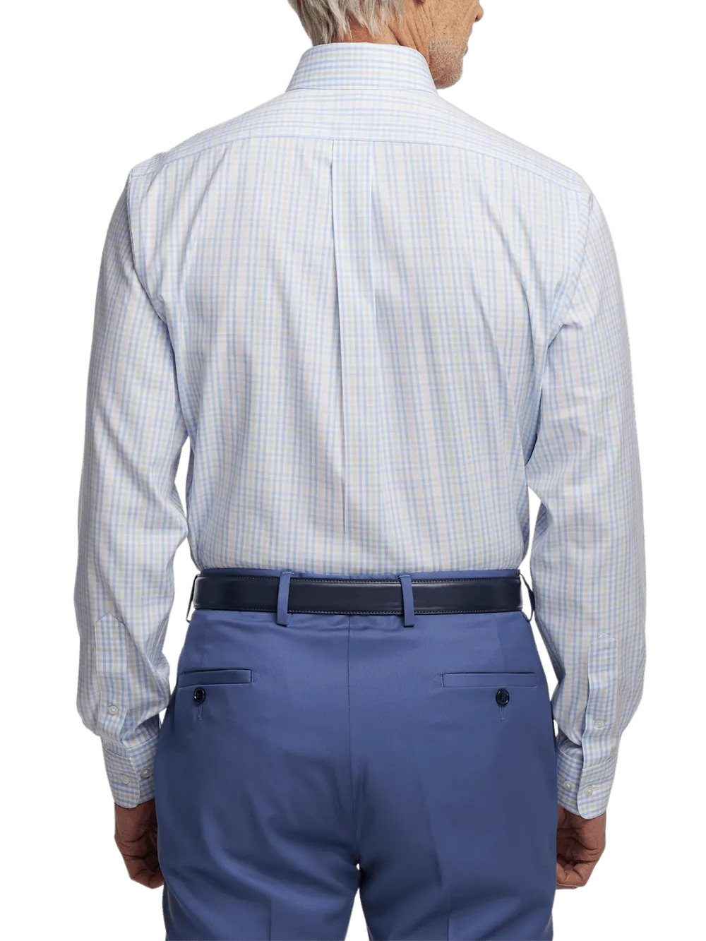 Comfort Stretch Non-Iron Tattersall Dress Shirt With Contrast Trim - Blue/pink