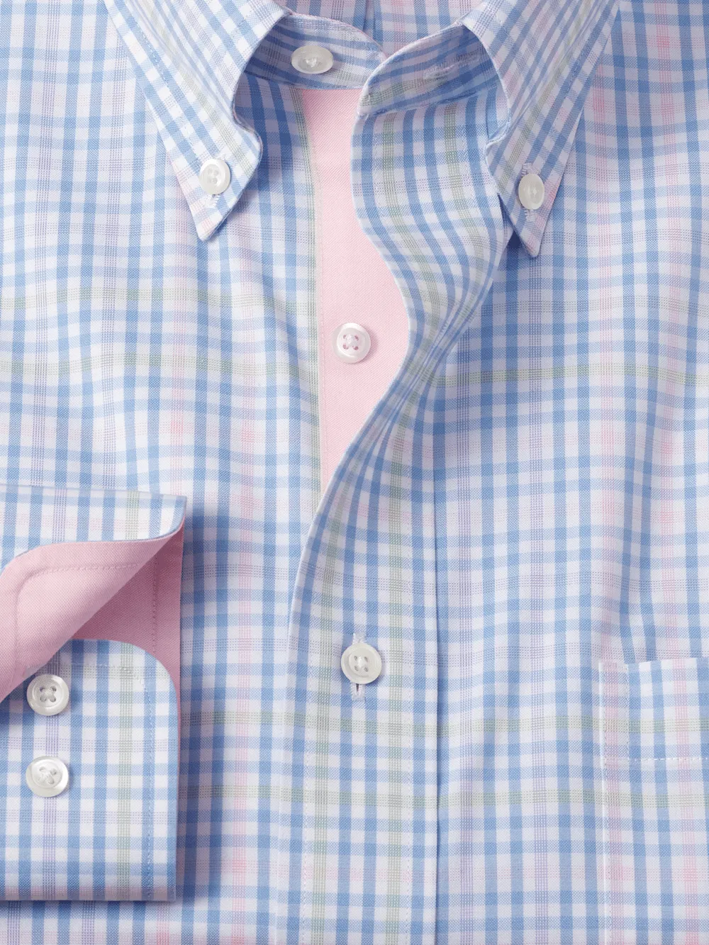 Comfort Stretch Non-Iron Tattersall Dress Shirt With Contrast Trim - Blue/pink