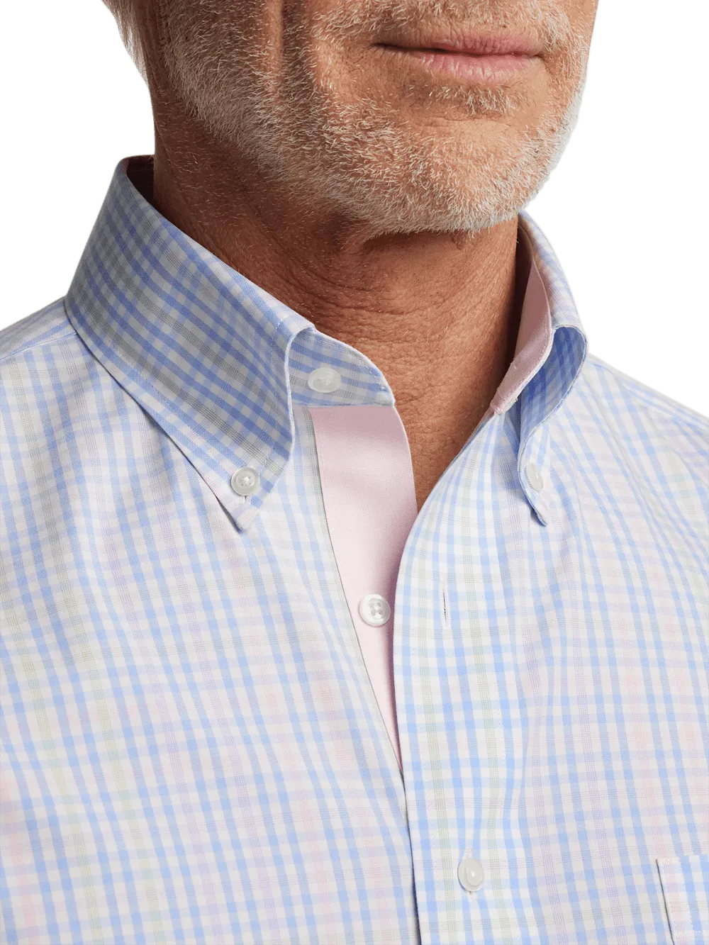 Comfort Stretch Non-Iron Tattersall Dress Shirt With Contrast Trim - Blue/pink