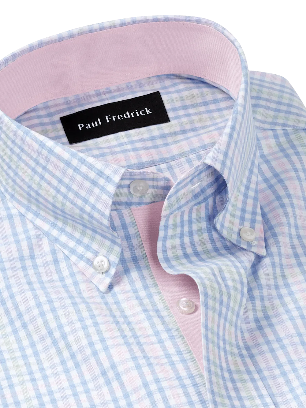 Comfort Stretch Non-Iron Tattersall Dress Shirt With Contrast Trim - Blue/pink