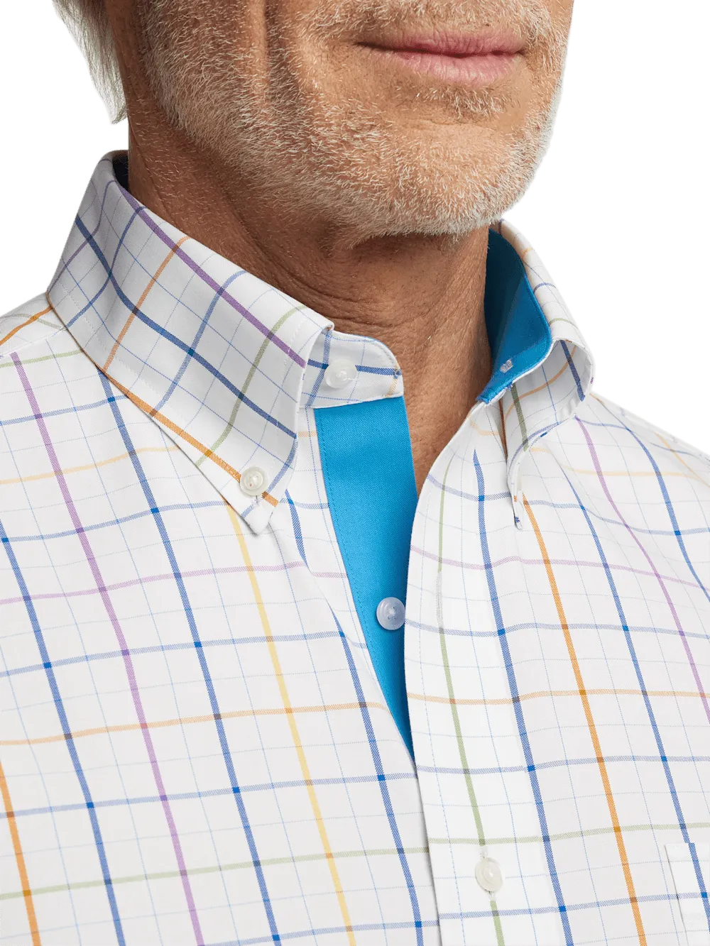 Comfort Stretch Non-Iron Tattersall Dress Shirt With Contrast Trim - Multi