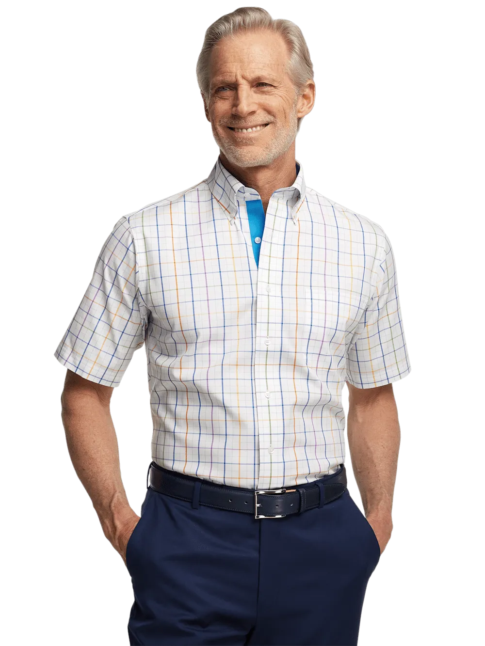 Comfort Stretch Non-Iron Tattersall Dress Shirt With Contrast Trim - Multi