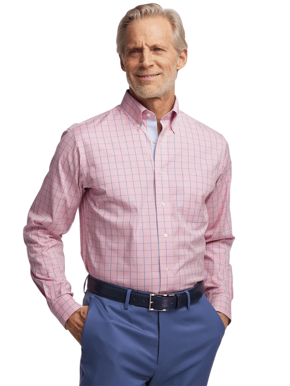 Comfort Stretch Non-Iron Windowpane Dress Shirt With Contrast Trim - Pink/blue