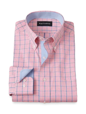 Comfort Stretch Non-Iron Windowpane Dress Shirt With Contrast Trim - Pink/blue