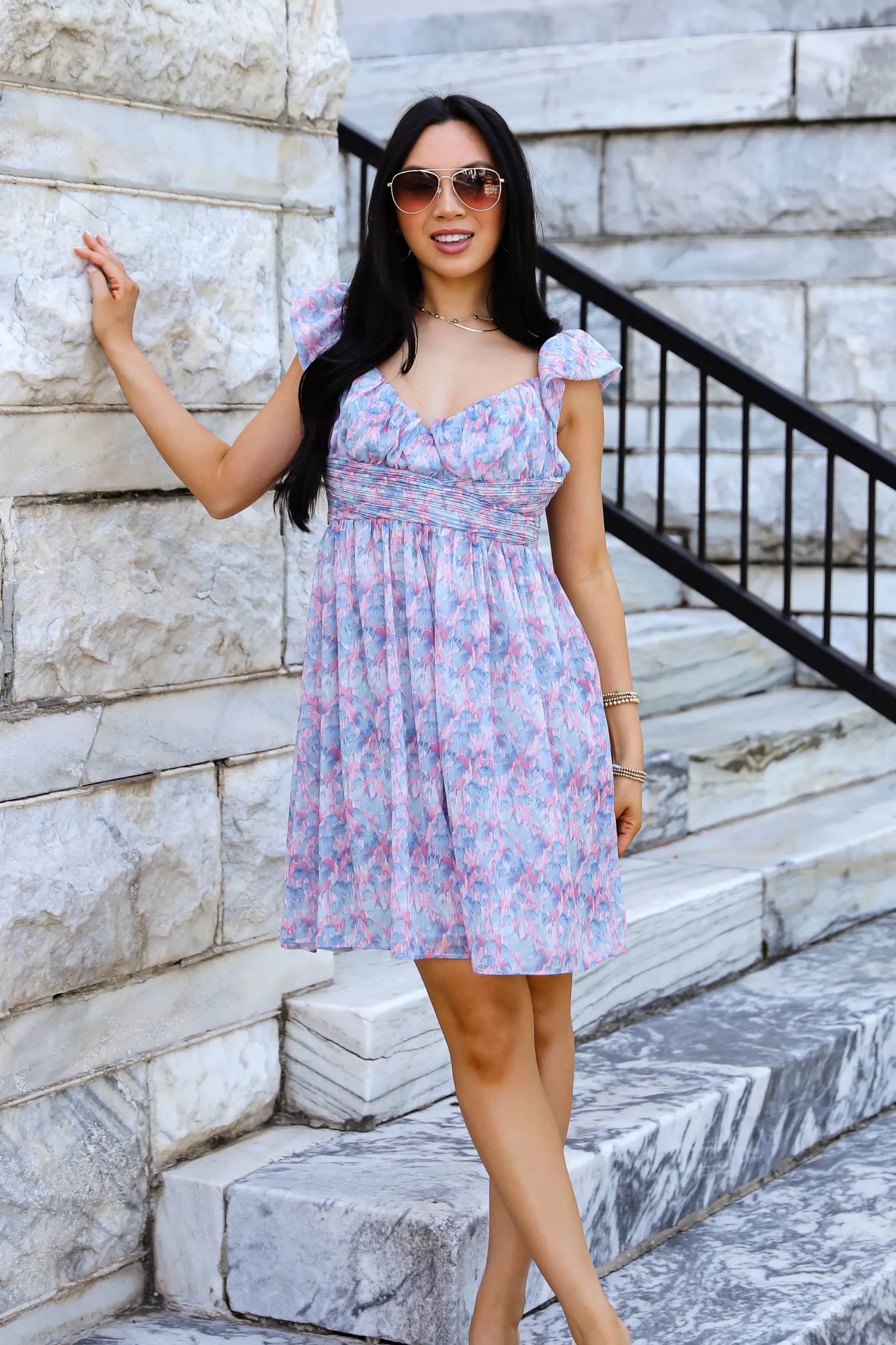 Confidently Charismatic Blue Floral Mini Dress